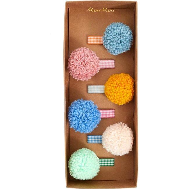 Gingham And Big Pompom Hair Clips