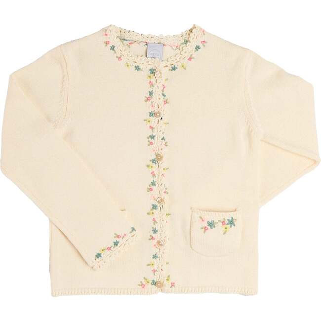 Wildflower Embroidered Openwork Detail Cotton Cardigan, Cream