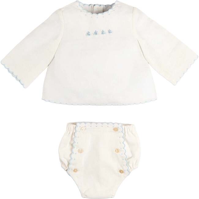 Whale Embroidered Scallop Edge Two Piece Set, Blue
