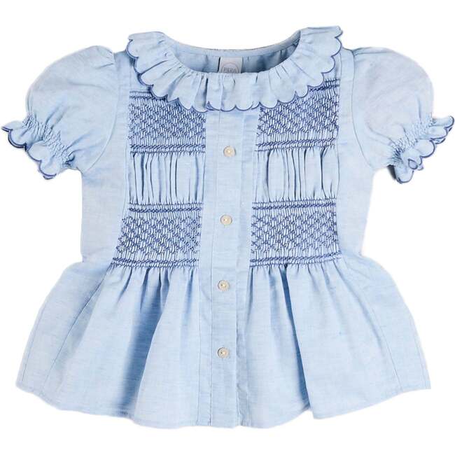 Smocked Peplum Scallop Collar Blouse, Blue