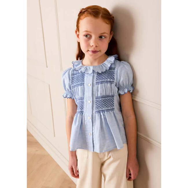 Smocked Peplum Scallop Collar Blouse, Blue
