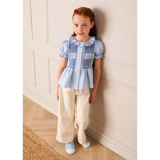 Smocked Peplum Scallop Collar Blouse, Blue - Blouses - 5