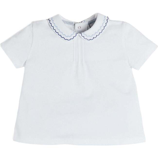 Scallop Embroidered Peter Pan Collar Pleated Top, White