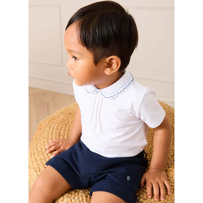 Scallop Embroidered Peter Pan Collar Pleated Top, White