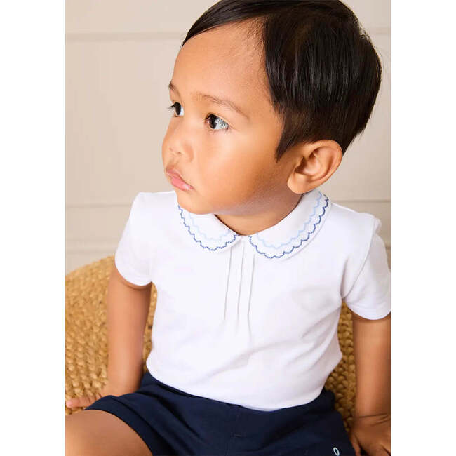 Scallop Embroidered Peter Pan Collar Pleated Top, White - Shirts - 3