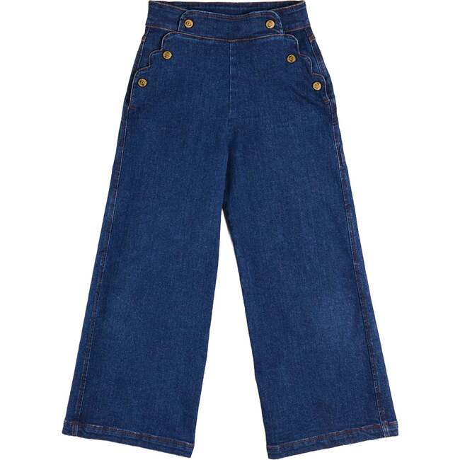 Scallop Detail Wide Leg Jeans, Blue Denim