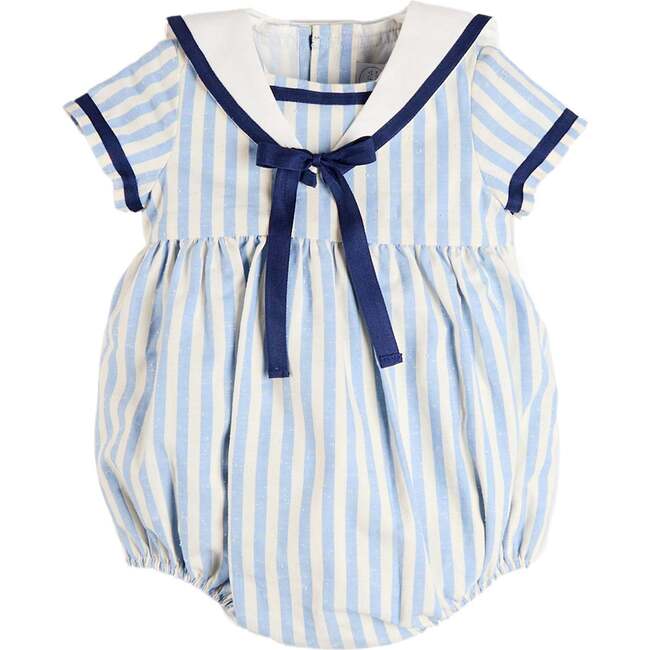 Regency Stripe Mariner Collar Bow Detail Romper, Blue