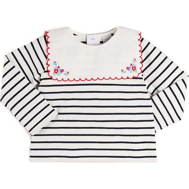 Sailor Stripe Floral Embroidered Mariner Collar Top, White
