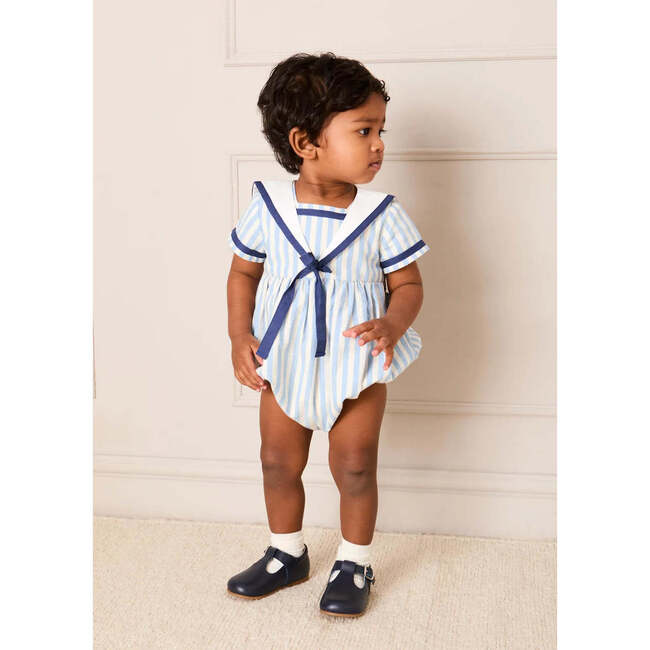 Regency Stripe Mariner Collar Bow Detail Romper, Blue