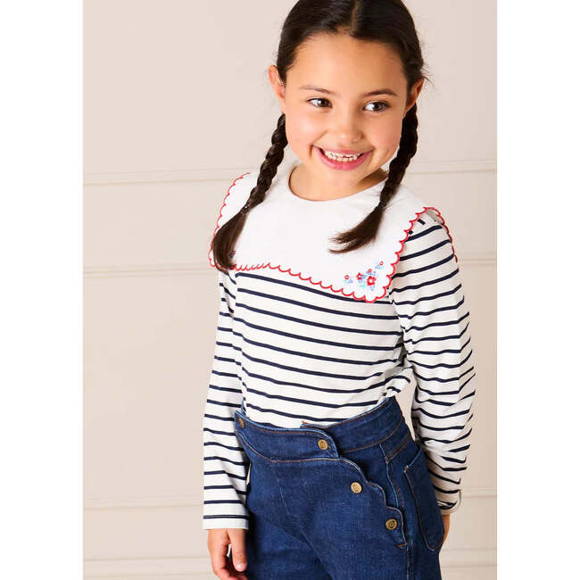 Sailor Stripe Floral Embroidered Mariner Collar Top, White