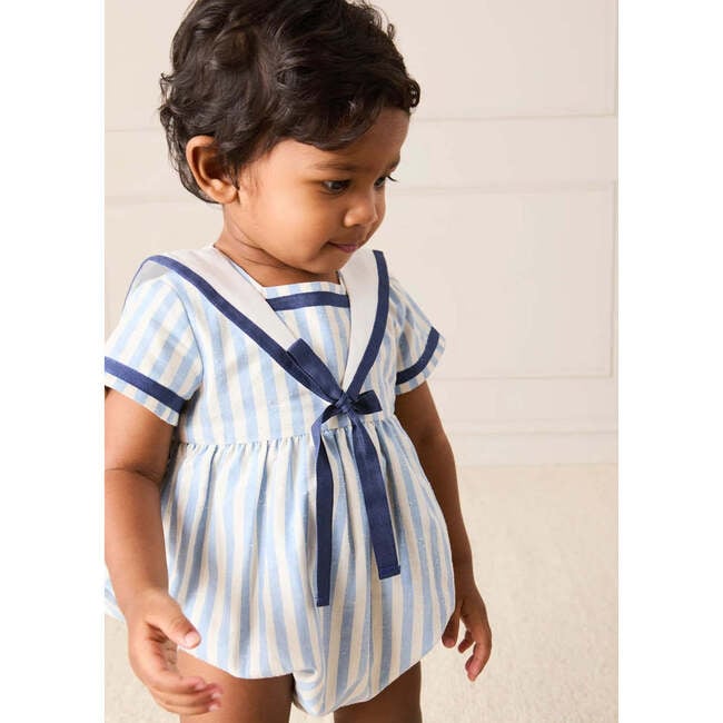 Regency Stripe Mariner Collar Bow Detail Romper, Blue - Rompers - 3