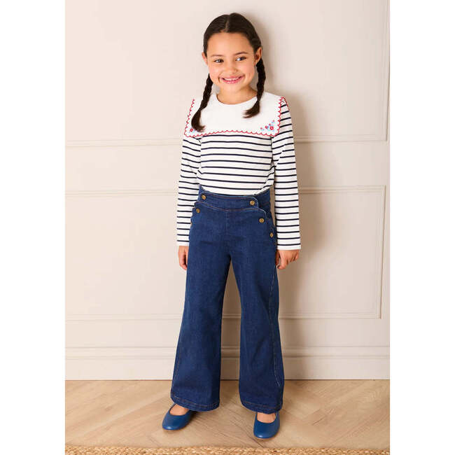 Sailor Stripe Floral Embroidered Mariner Collar Top, White - Shirts - 3