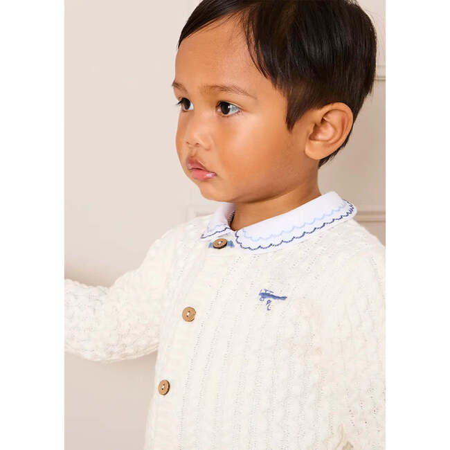 Plane Embroidered Cable Knit Cardigan, Cream - Cardigans - 3