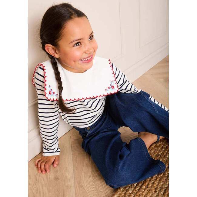 Sailor Stripe Floral Embroidered Mariner Collar Top, White - Shirts - 4