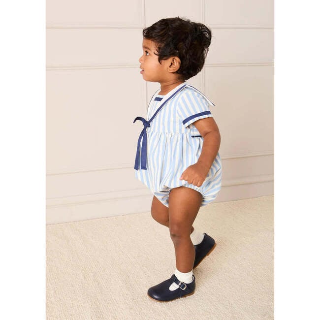Regency Stripe Mariner Collar Bow Detail Romper, Blue - Rompers - 5