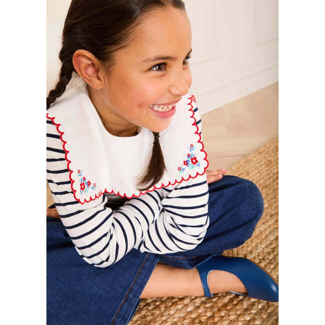 Sailor Stripe Floral Embroidered Mariner Collar Top, White - Shirts - 5