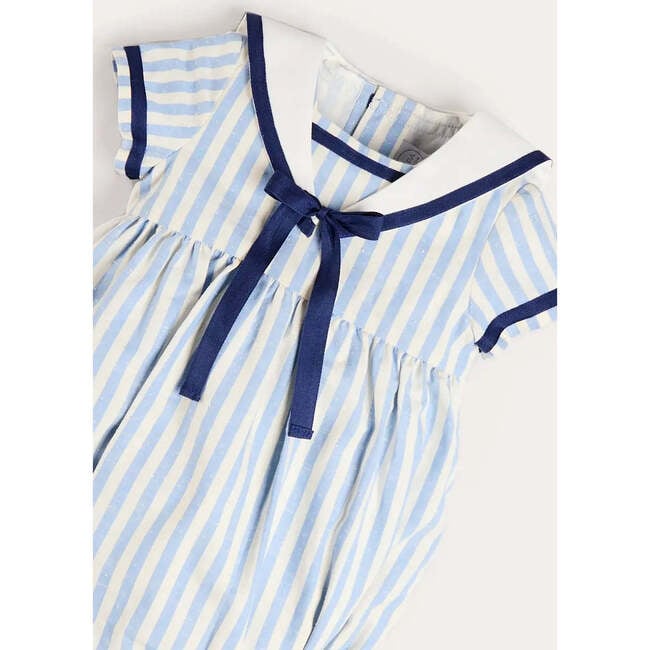 Regency Stripe Mariner Collar Bow Detail Romper, Blue - Rompers - 6