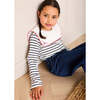 Sailor Stripe Floral Embroidered Mariner Collar Top, White - Shirts - 6