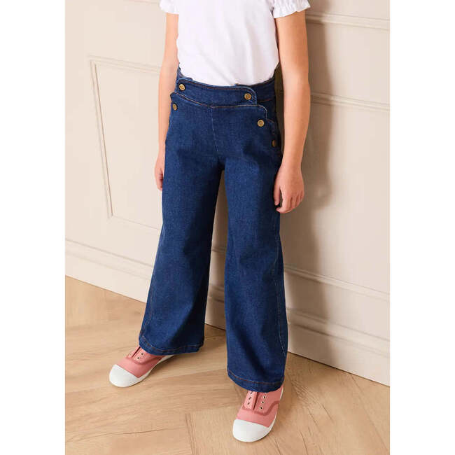Scallop Detail Wide Leg Jeans, Blue Denim - Jeans - 6