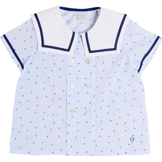 Noah Check Mariner Collar Double Breasted Shirt, Blue