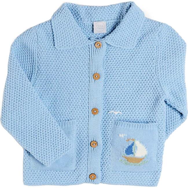 Nautical Boat Embroidery Polo Collar Cardigan, Sky Blue