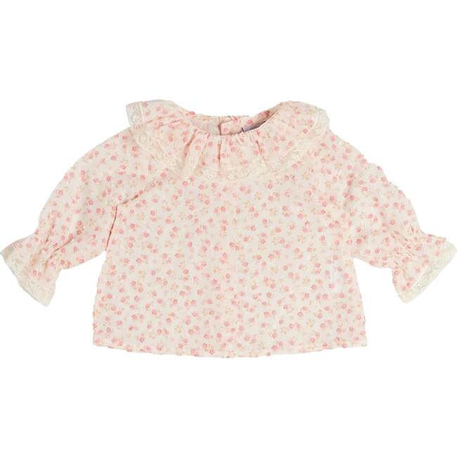 Martha Floral Ruffle Collar Lace Trim Long Sleeve Blouse, Pink