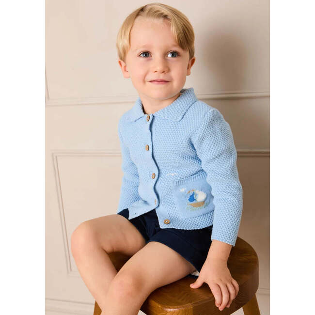 Nautical Boat Embroidery Polo Collar Cardigan, Sky Blue