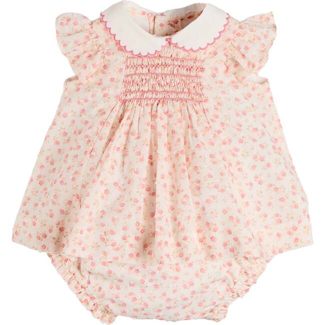 Martha Floral Hand Smocked Cap Sleeve Scallop Collar Dress, Pink