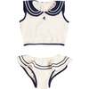 Mariner Collar Embroidered Boat Motif Two Piece Swimsuit, White - Two Pieces - 1 - thumbnail