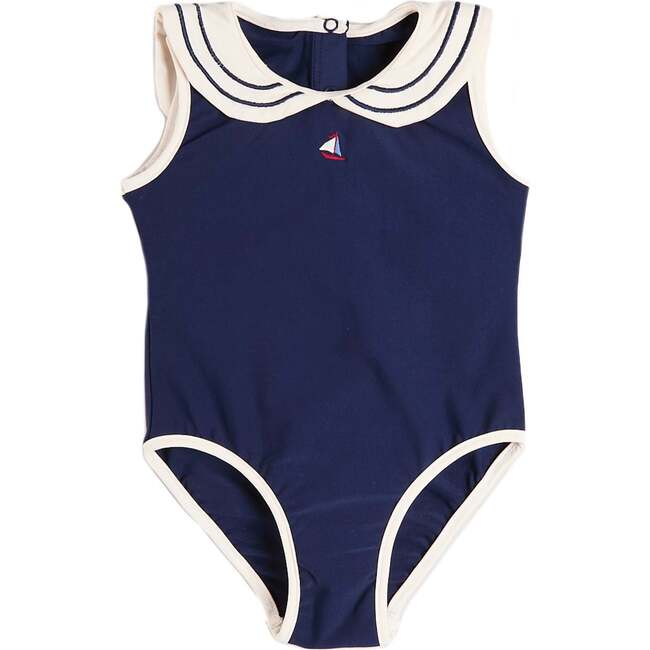 Mariner Collar Embroidered Boat Motif Swimsuit, Navy