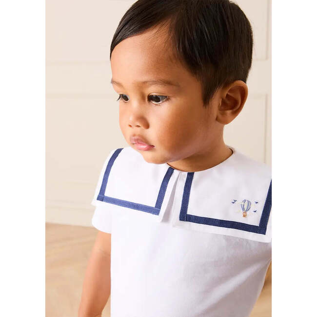 Mariner Collar Hot Air Balloon Embroidered Top, White