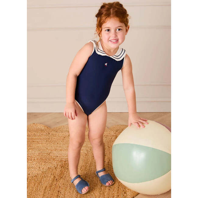 Mariner Collar Embroidered Boat Motif Two Piece Swimsuit, White