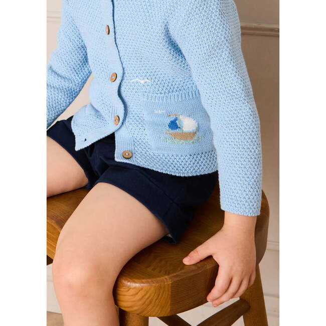 Nautical Boat Embroidery Polo Collar Cardigan, Sky Blue - Cardigans - 5