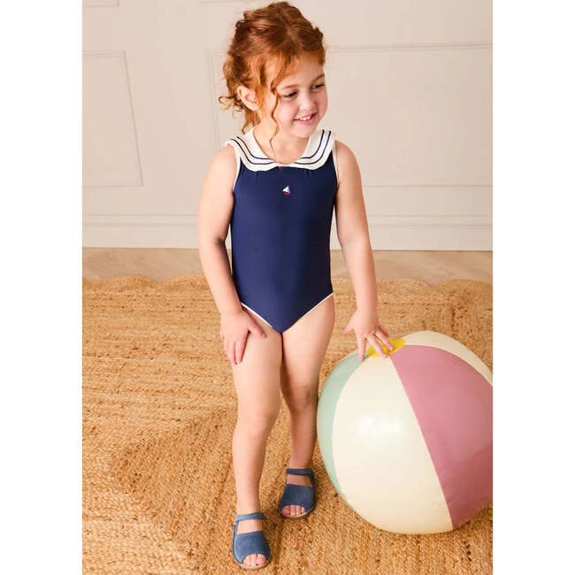 Mariner Collar Embroidered Boat Motif Two Piece Swimsuit, White - Two Pieces - 4