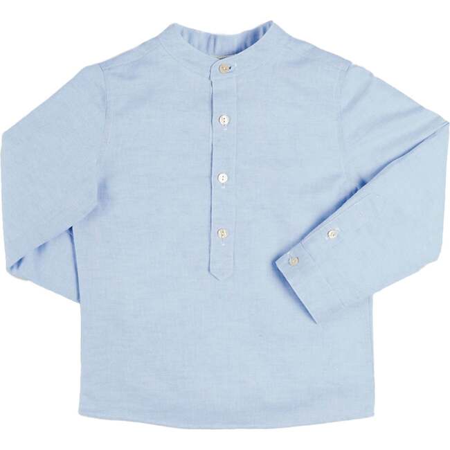 Mao Collar Linen Blend Shirt, Blue