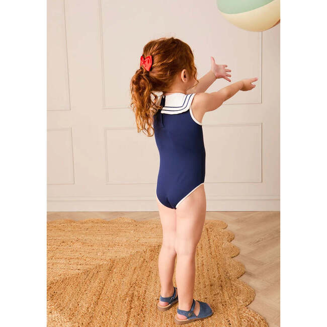 Mariner Collar Embroidered Boat Motif Two Piece Swimsuit, White - Two Pieces - 6