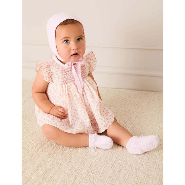 Martha Floral Hand Smocked Cap Sleeve Scallop Collar Dress, Pink - Dresses - 6