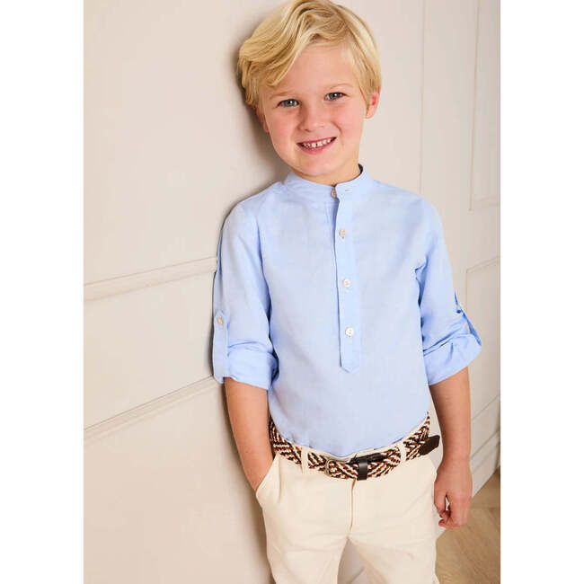 Mao Collar Linen Blend Shirt, Blue