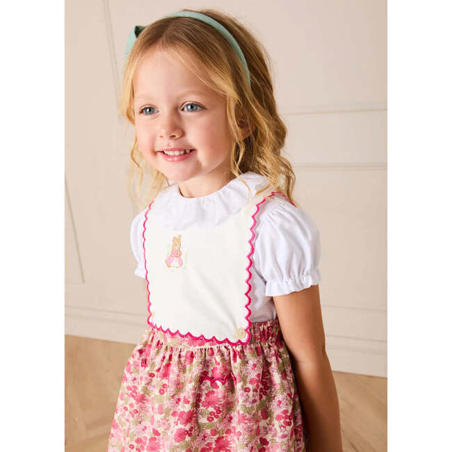 Margret Floral Bunny Embroidered Scallop Detail Pinafore Skirt, Pink