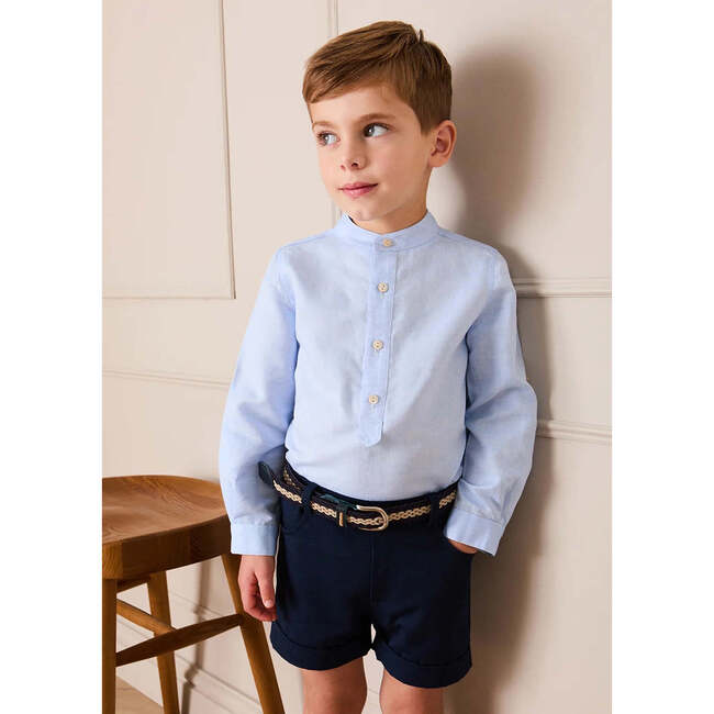 Mao Collar Linen Blend Shirt, Blue - Shirts - 3