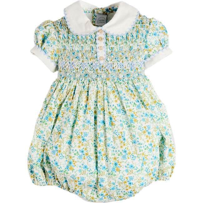 Louisa Floral Hand Smocked Short Sleeve Romper, Blue