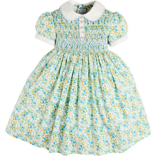 Louisa Floral Hand Smocked Short Sleeve Dress, Blue