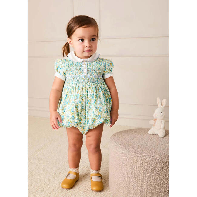 Louisa Floral Hand Smocked Short Sleeve Romper, Blue