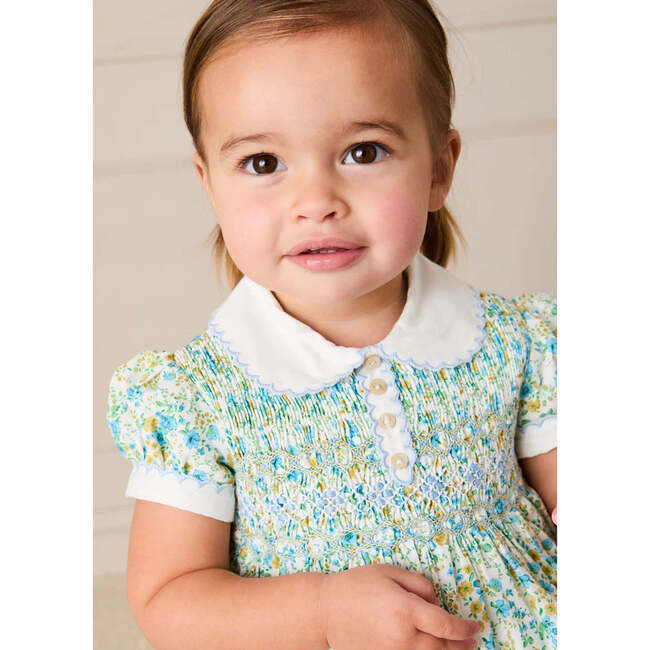 Louisa Floral Hand Smocked Short Sleeve Romper, Blue - Rompers - 3