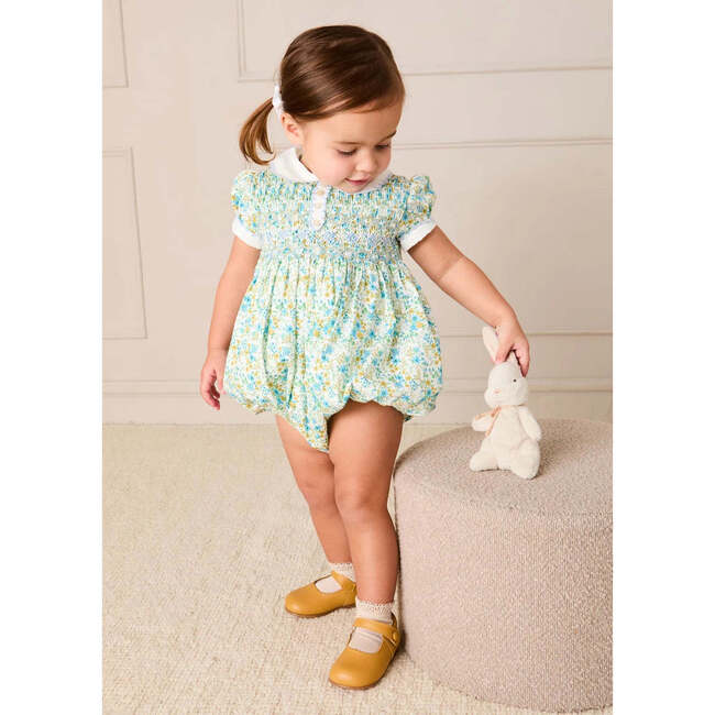 Louisa Floral Hand Smocked Short Sleeve Romper, Blue - Rompers - 4