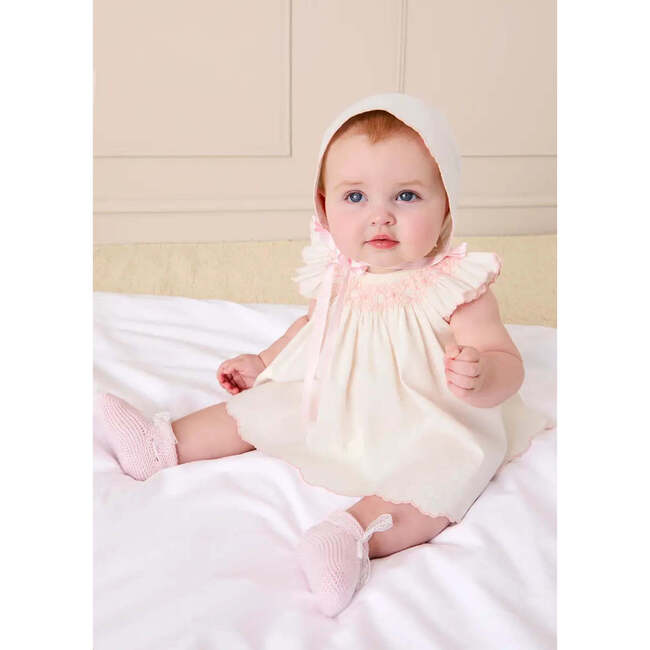 Linen Blend Hand Smocked Cap Sleeve Dress With Bloomers, White