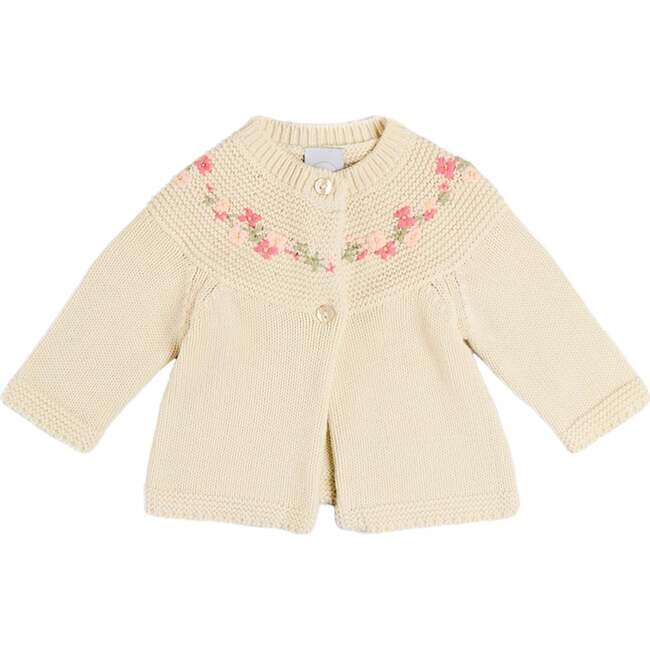 Wildflower Embroidered Two Button Cotton Cardigan, Cream