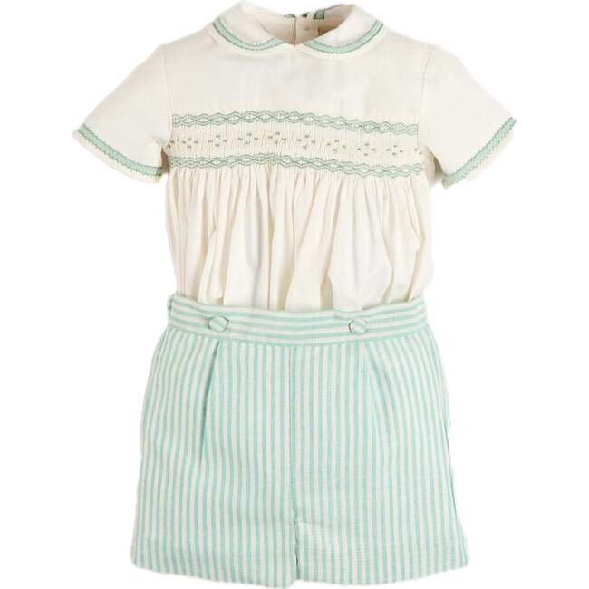 Wimbledon Stripe Hand Smocked Peter Pan Collar Two Piece Set, Green