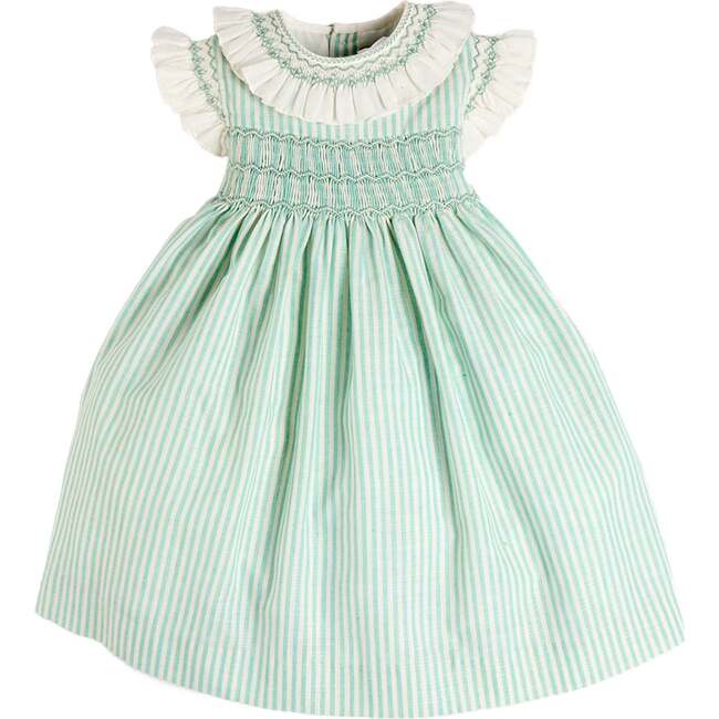 Wimbledon Stripe Hand Smocked Frill Collar Cap Sleeve Dress, Green