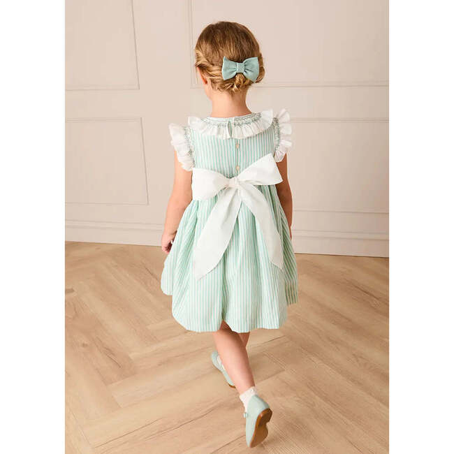Wimbledon Stripe Hand Smocked Frill Collar Cap Sleeve Dress, Green - Dresses - 3